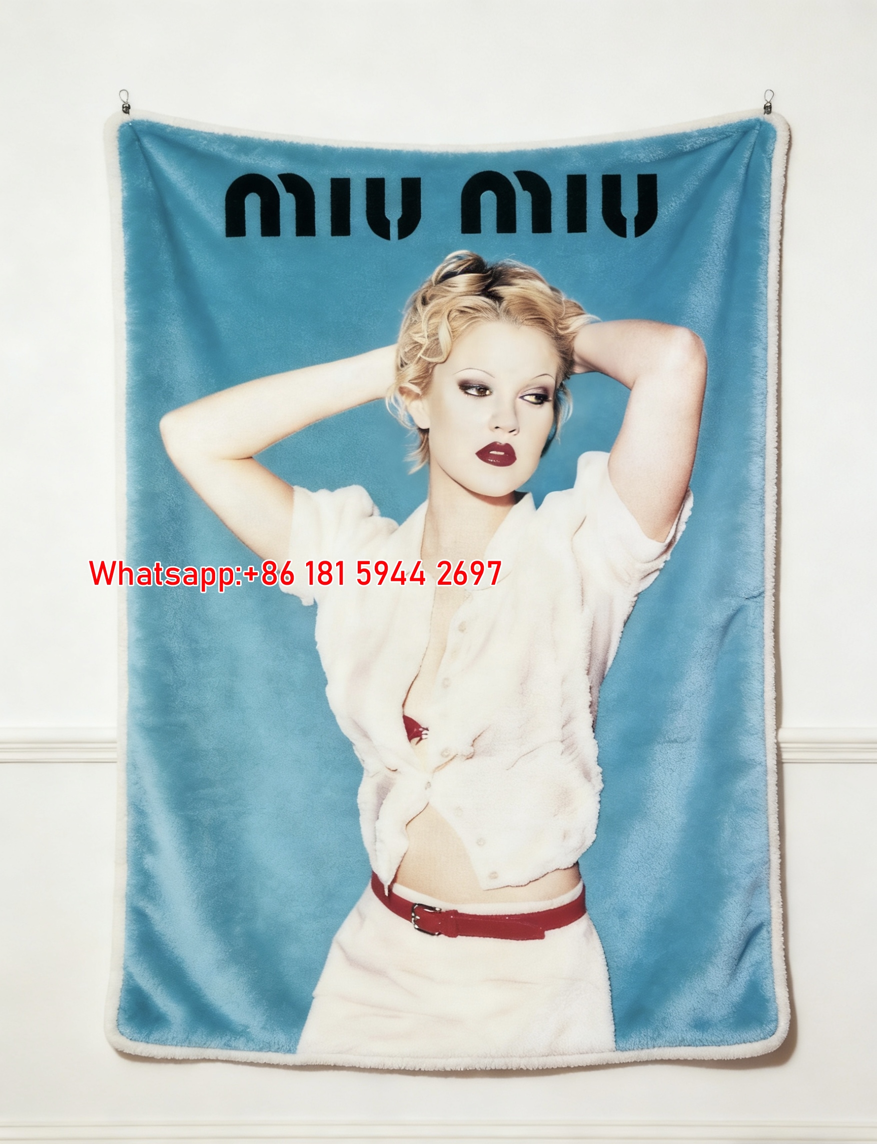 Miu Miu Turquoise Blue & White Vintage 90s Portrait Printed Flannel Sofa Throw Blanket IMG_0462